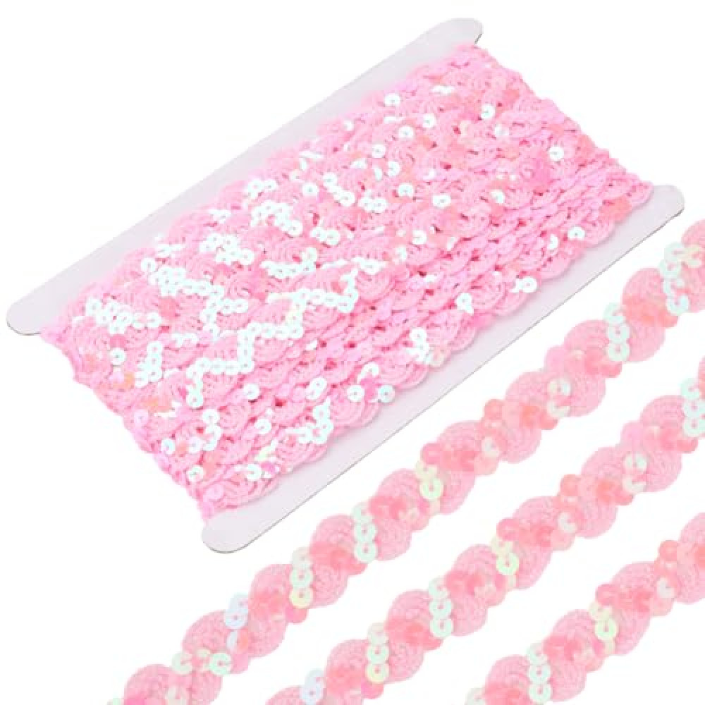 CABODYALS 12 Yards Pink Sequin Trim Flat Sequins Beaded Strip Rick Rack Wave Woven Braided Trimming Metallic Glitter Ric Rac Fabric Ribbon Bulk for Sewing Making Craft Upholstery Home Decor Diy Supply