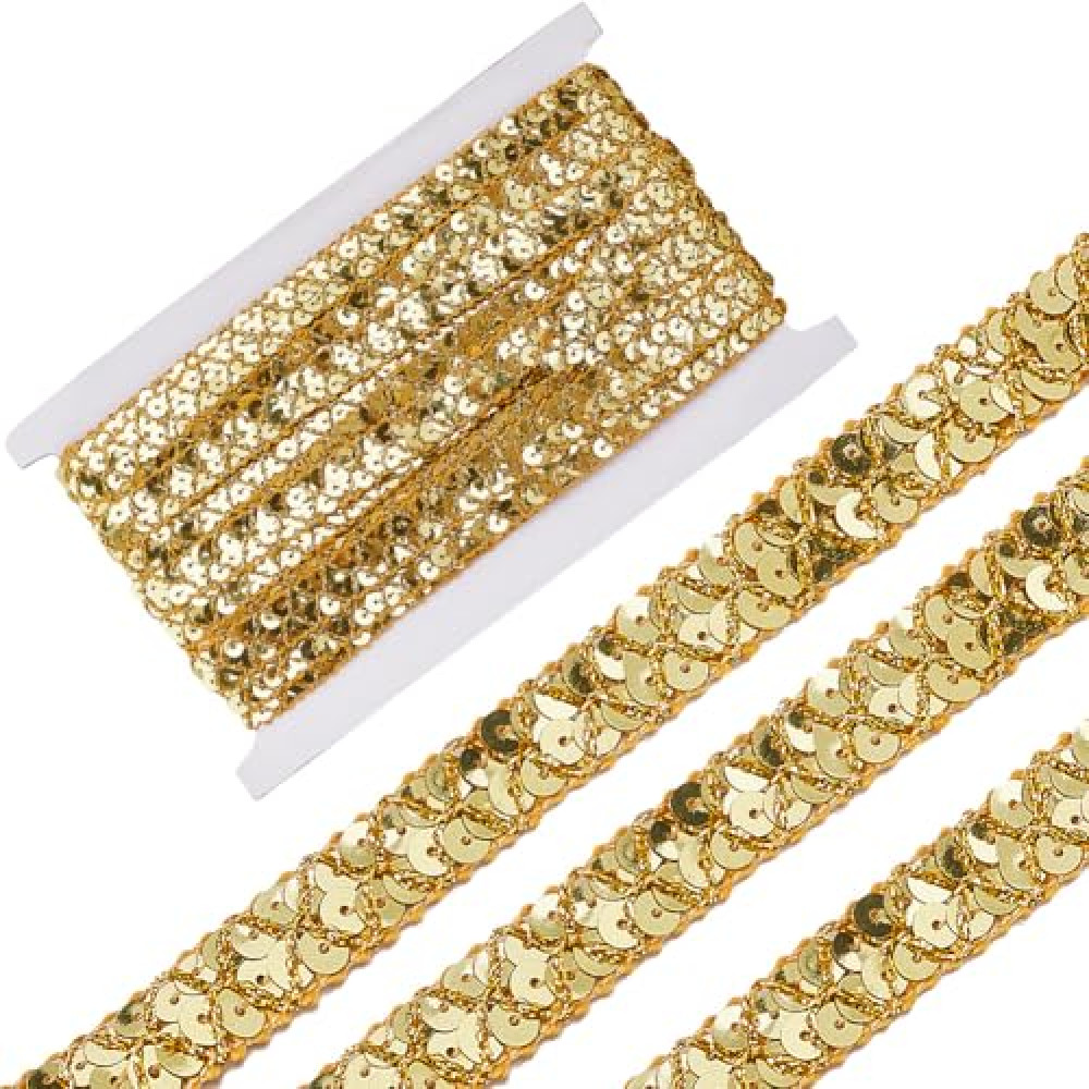 CABODYALS 14.22 Yards Gold Elastic Sequin Ribbon Trim Flat Bling Paillette Trimming Metallic Glitter Stretch Sequins Beaded Strip Bulk for Sewing Making Crafts Clothes Dress Wedding Decor DIY Supply