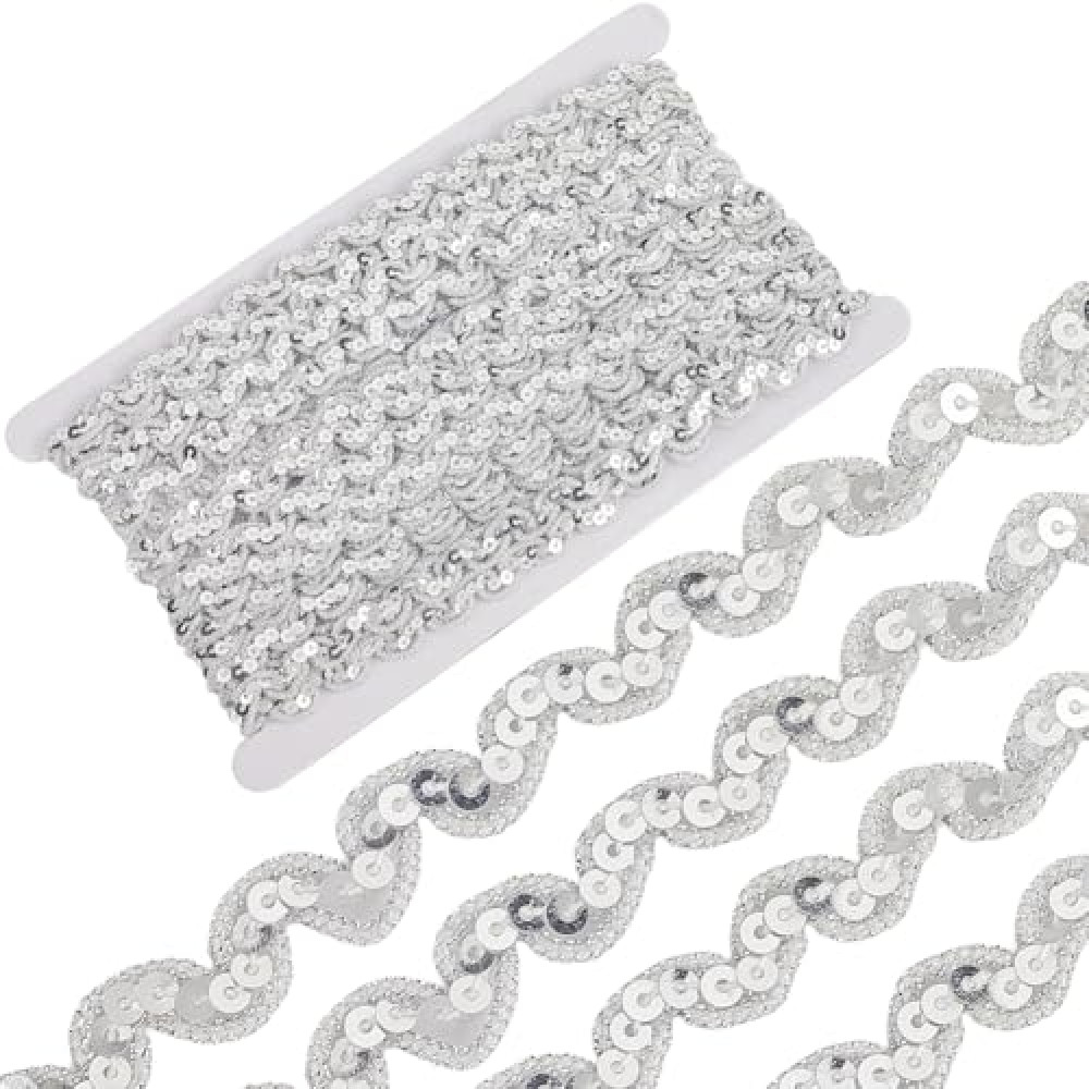 CABODYALS 14.22 Yards Silver Sequin Ric Rac Ribbon Trim Flat Glitter Sequins Bead Strips Metallic Rick Rack Wave Braid Trimming Bulk for Sewing Making Crafts Home Decor Diy Clothes Costume Accessories