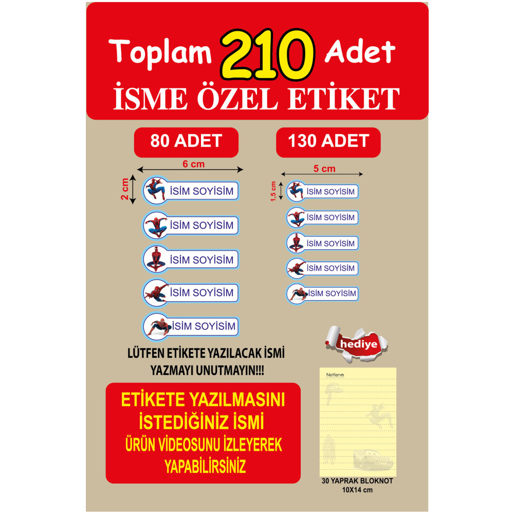 cabuk baskı 210 Adet Örümcek Adam Okul Etiketi Kalem Etiketi Defter Etiketi Kişiye Özel Isim Yazılabilen Etiket Etiket Fiyatı