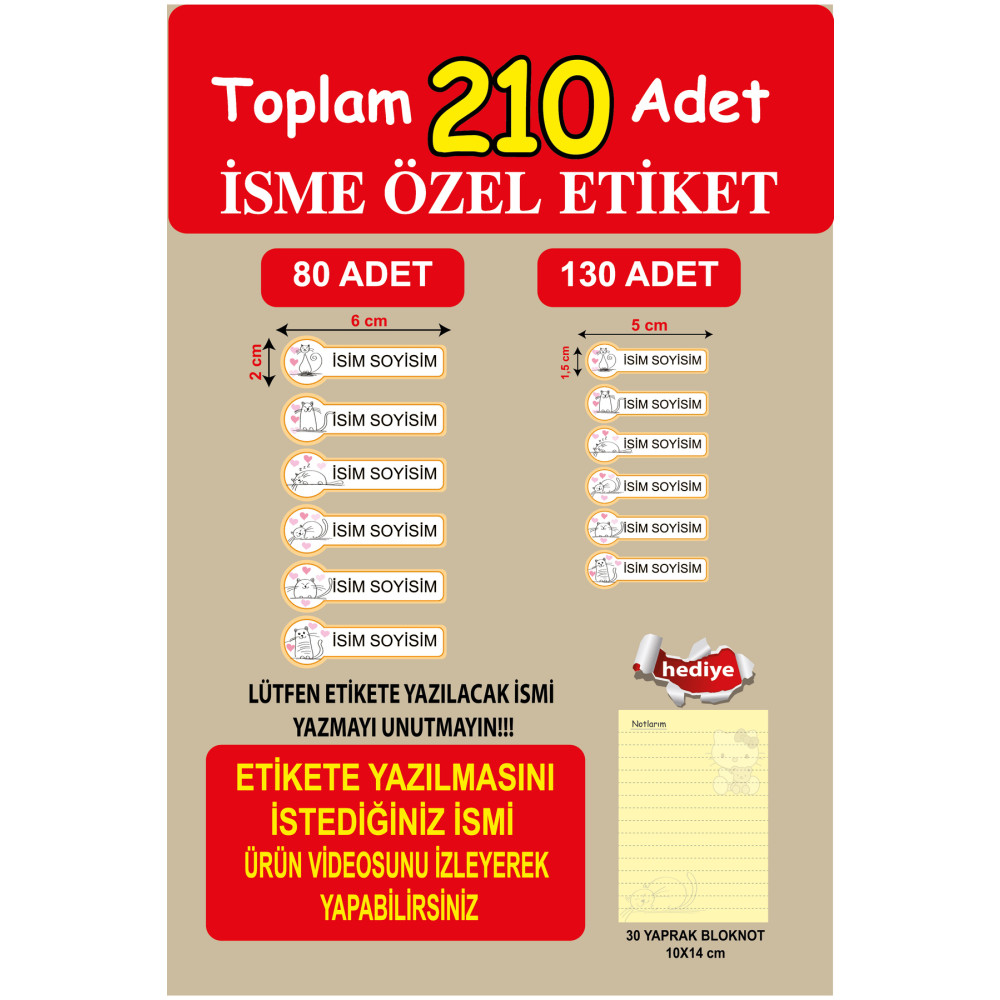 cabuk baskı Okul Etiketi Kalem Defter Etiketi Özel Isim Yazılabilen Etiket Sevimli Kedi 210 Adet Etiket Fiyatı