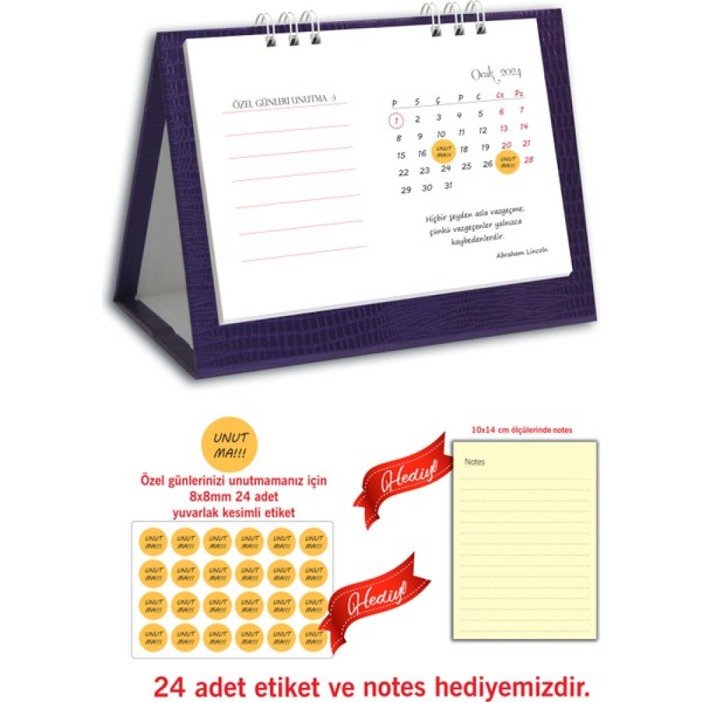 Cabuk Baskı Spiralli Özel Günler 2024 Masa Takvimi - Mor Takvim Fiyatı