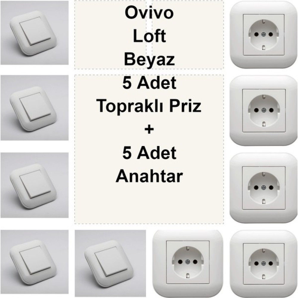 Çağatay Elektrik - Ovivo Loft Beyaz 5 Adet Topraklı Priz + 5 Adet Anahtar Prizler Fiyatı