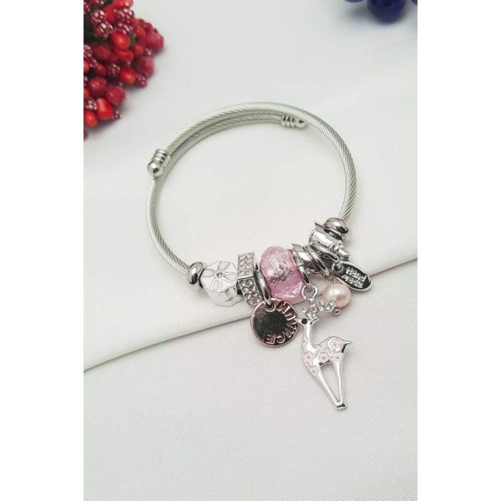 Caisya Pembe Çiçekli Geyik Charmlı Pandora Modeli Çelik Bileklik - Gümüş Saat ve Bileklik Aksesuarı Fiyatı