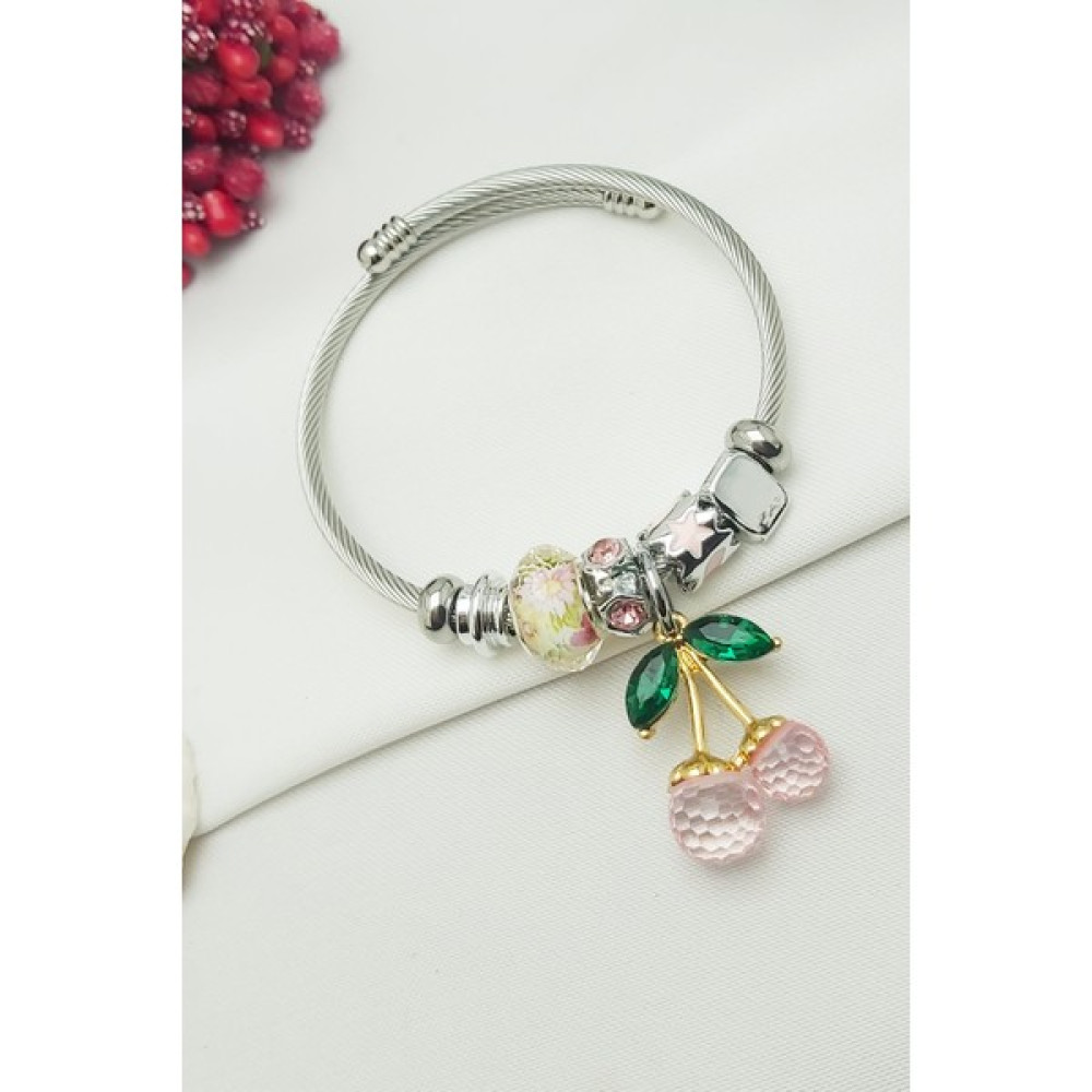 Caisya Pembe Kiraz Charmlı Pandora Modeli Çelik Bileklik - Gümüş Saat ve Bileklik Aksesuarı Fiyatı