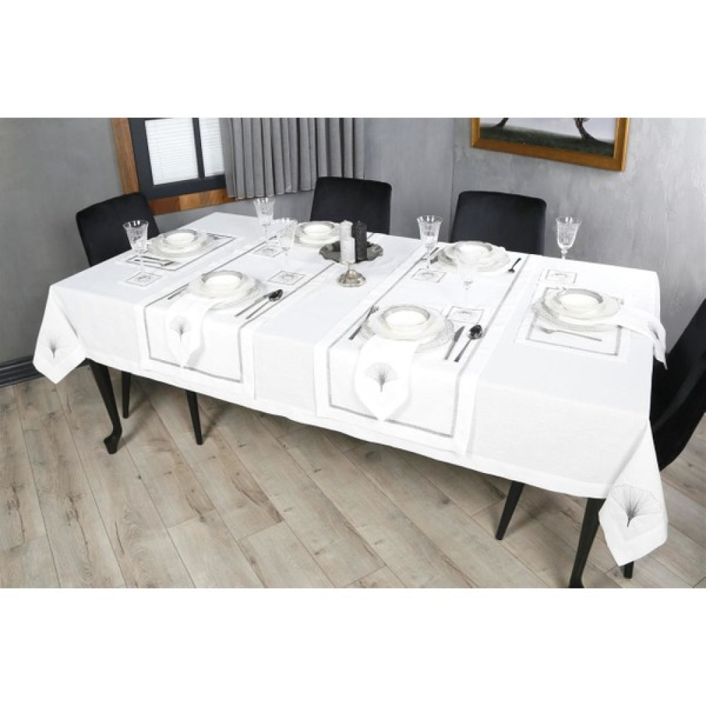 Caka Home 16 Parça Masa Seti Zikzak Nakışlı Keten Efektli - Gri - 48 x 145 cm Masa Örtüsü Fiyatı