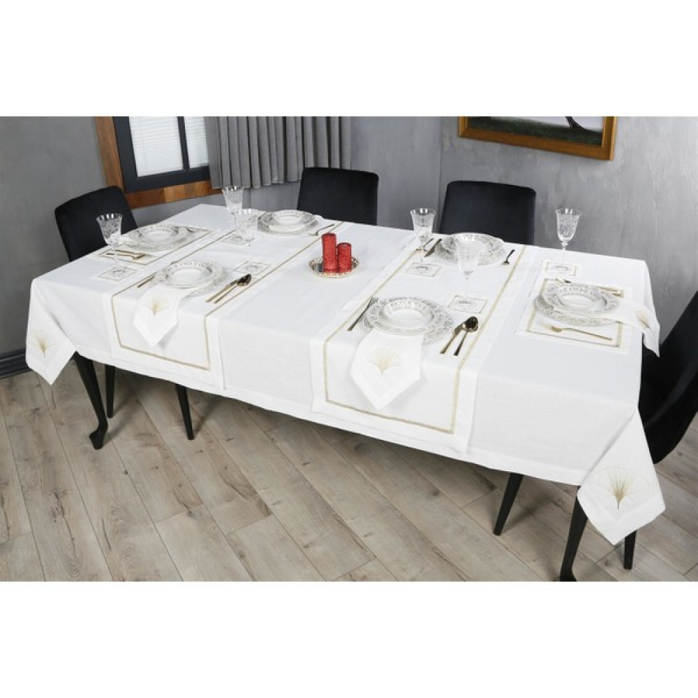 Caka Home 17 Parça Masa Örtüsü Seti Zikzak Nakışlı Keten Efektli - 160 x 260 cm Masa Örtüsü Fiyatı