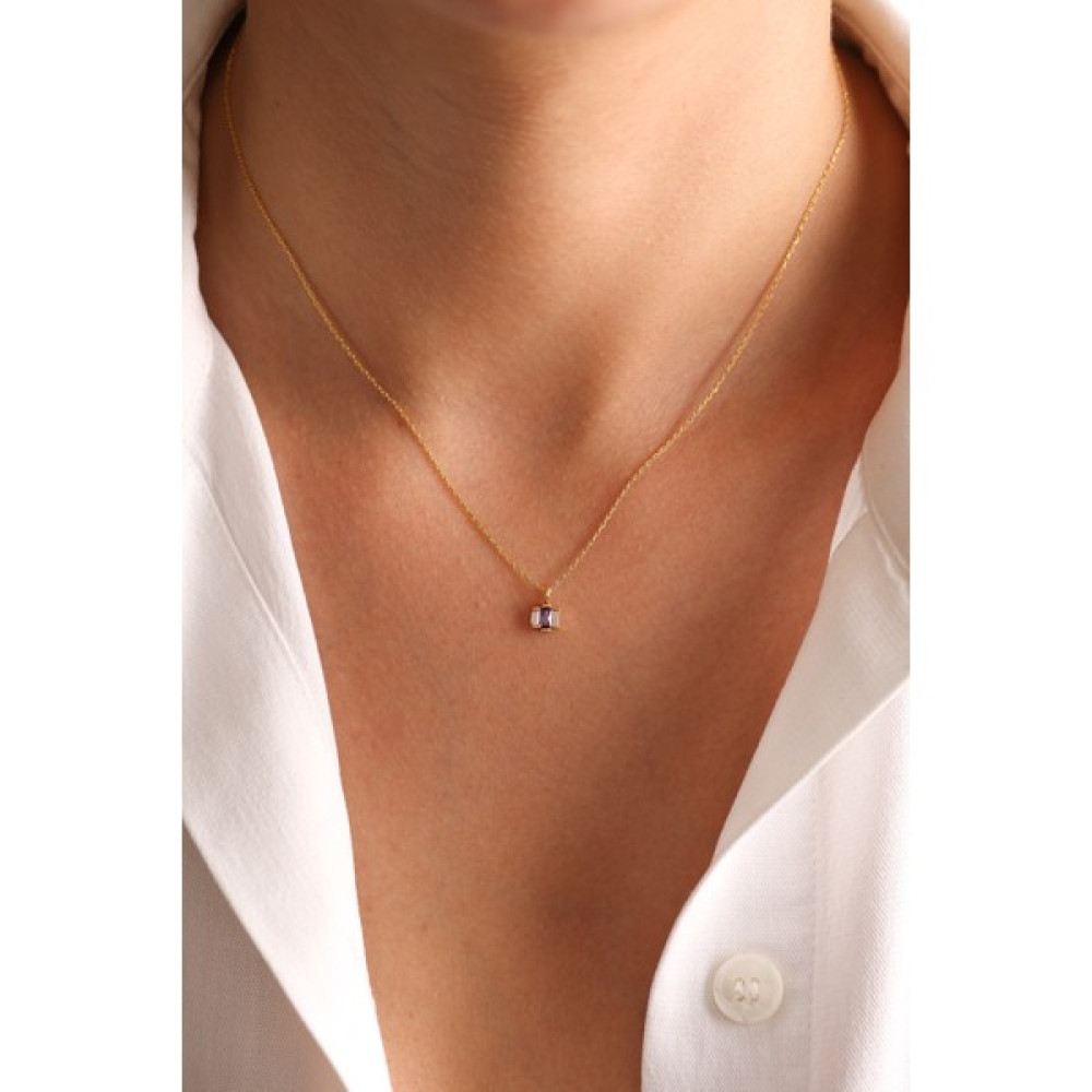 Cakan Jewelry Üçlü Baget Taşlı Minimal Kolye - Mor Gümüş Kolye Fiyatı