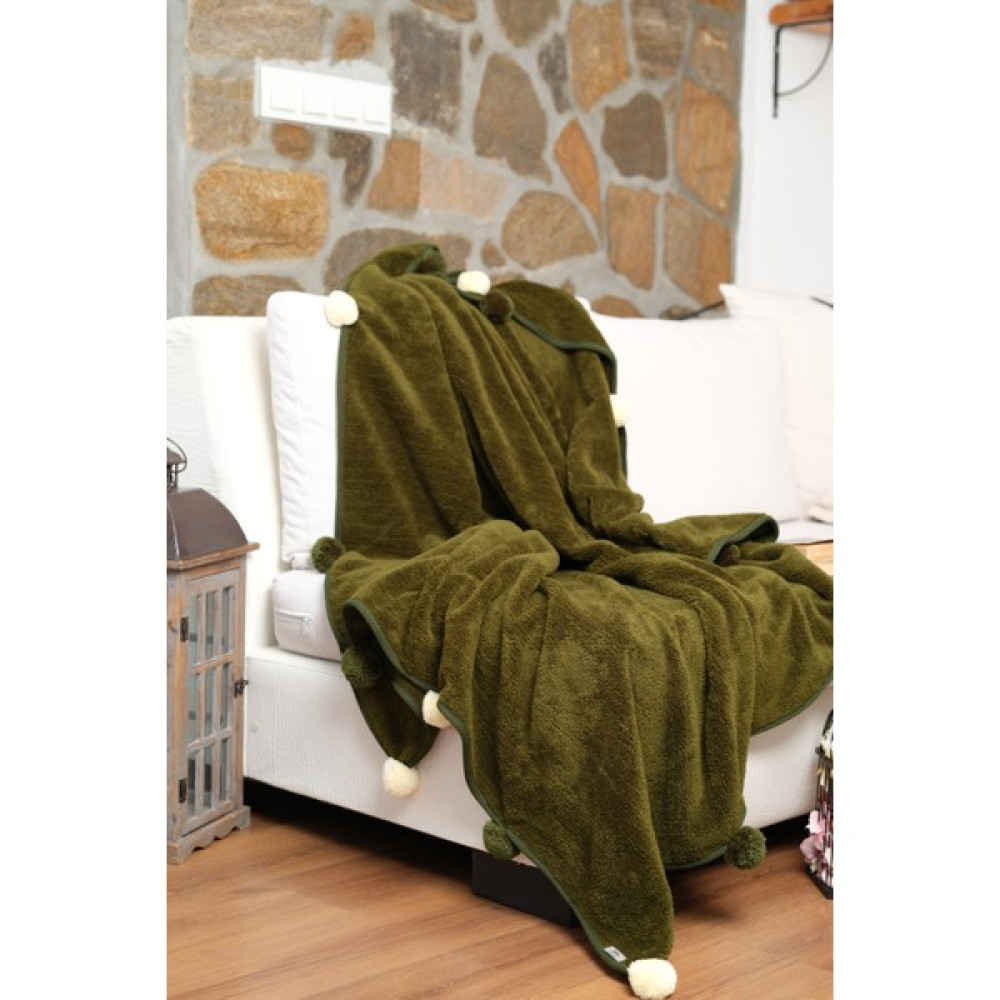CAKKA Wellsoft Peluş TV Battaniyesi/Ponponlu Battaniye - Haki - 130 x 170 cm Battaniye Fiyatı