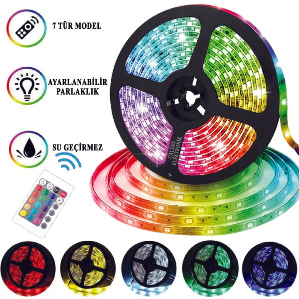 Calido Elektronik Kumandalı Animasyonlu Şerit Led 16 Renkli Silikon Yapışkanlı Adaptörlü İç Dış Mekan Aydınlatma - 5 Metre - 5 m - RGB Led Aydınlatmalar Fiyatı