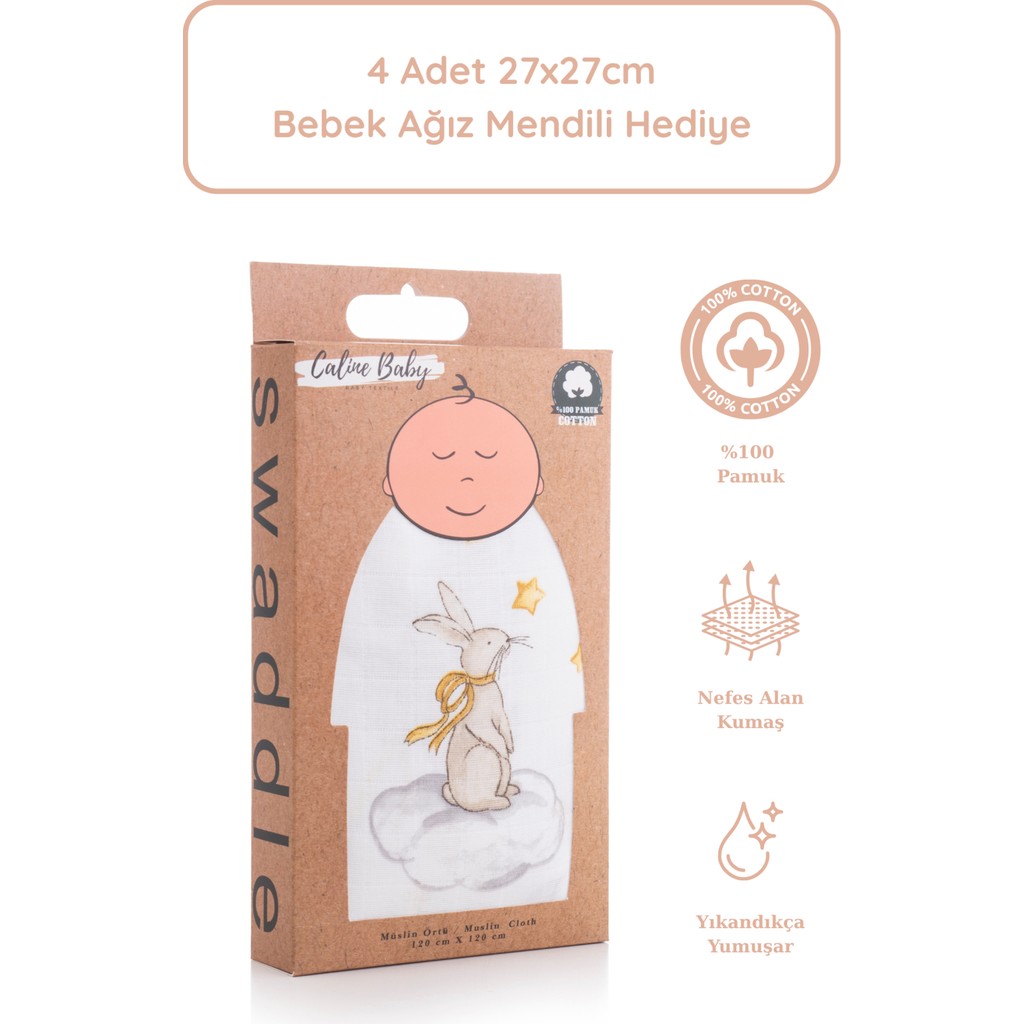 Caline Baby %100 Pamuk Premium & Hafif Müslin Bezi Örtüsü I 120x120 cm I Gri I Tavşan Desenli & 4 Adet Ağız Mendili 27x27cm SSD / Solid State Drive Fiyatı