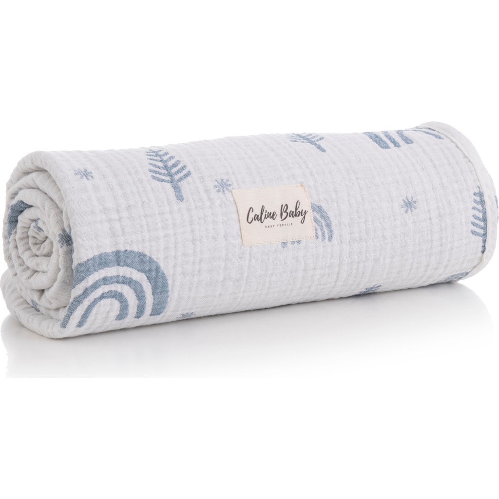 Caline Baby 4 Katlı Premium %100 Pamuk Jakarlı Müslin Battaniye| 110x110 cm | Mavi Gökkuşağı Desenli Battaniye Fiyatı
