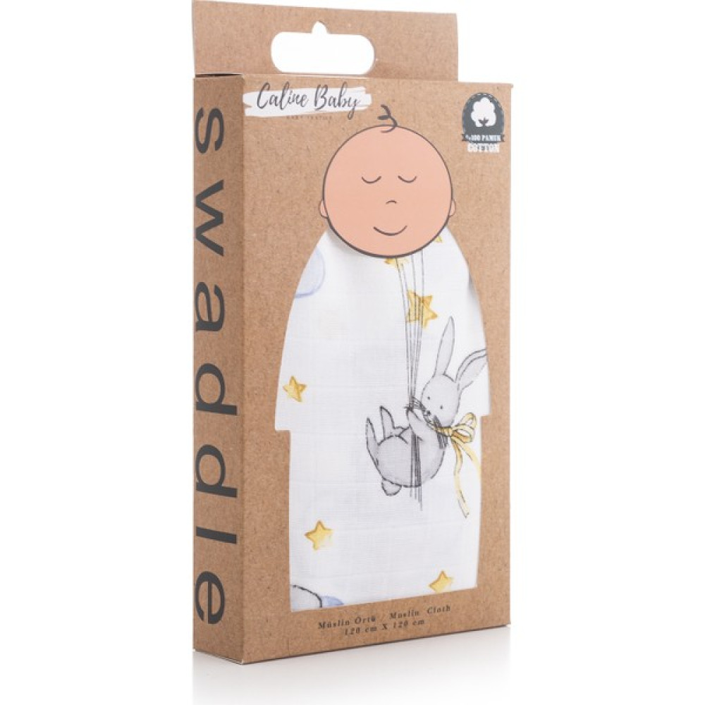 Caline Baby Müslin Bezi Örtü Tavşan Desen - Gri 120X120 cm + 4 Adet Ağız Mendili - Beyaz - Lacivert - 120x120cm Bebek Battaniyesi Fiyatı