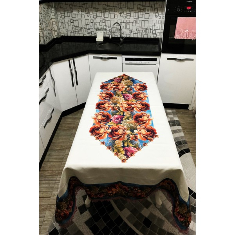 Çalışkan Çeyiz Evi Dertsiz Masa Örtüsü - Dantelli Çiçek Desenli Dijital Baskılı Lüks Masa Örtüsü - Krem - 160 x 220 cm Masa Örtüsü Fiyatı
