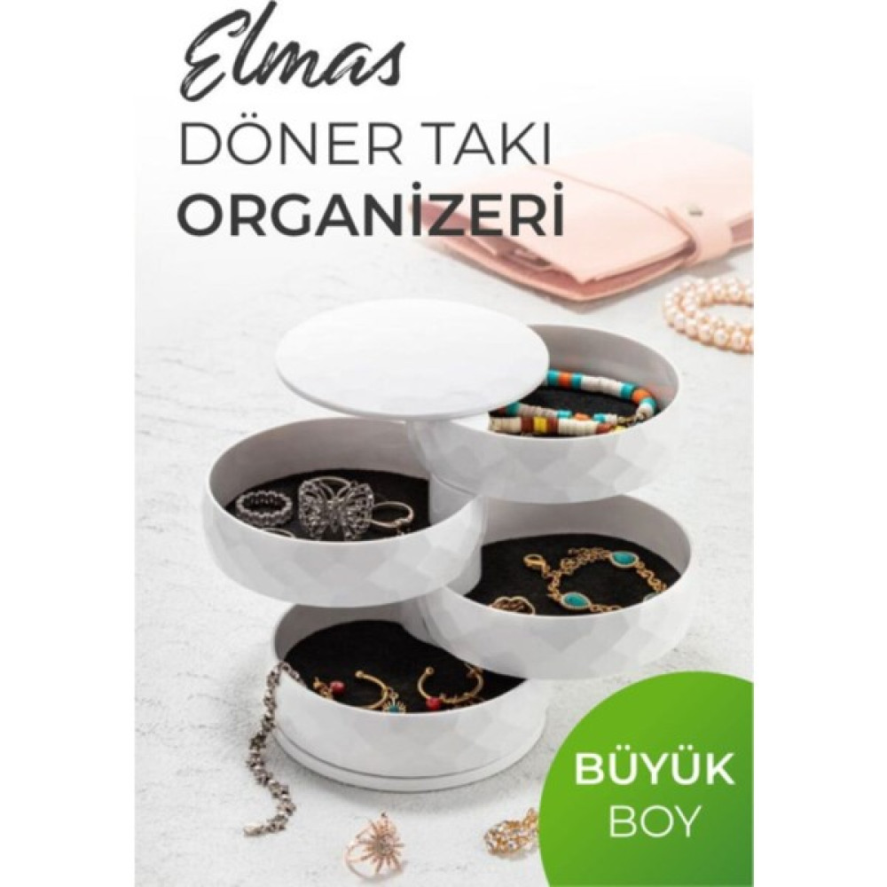 Calke Elmas 4 Katlı Döner Takı Organizeri Büyük Boy Takı Saklama Kutusu Beyaz - Tek Ebat Eşya Saklama Kutusu Fiyatı