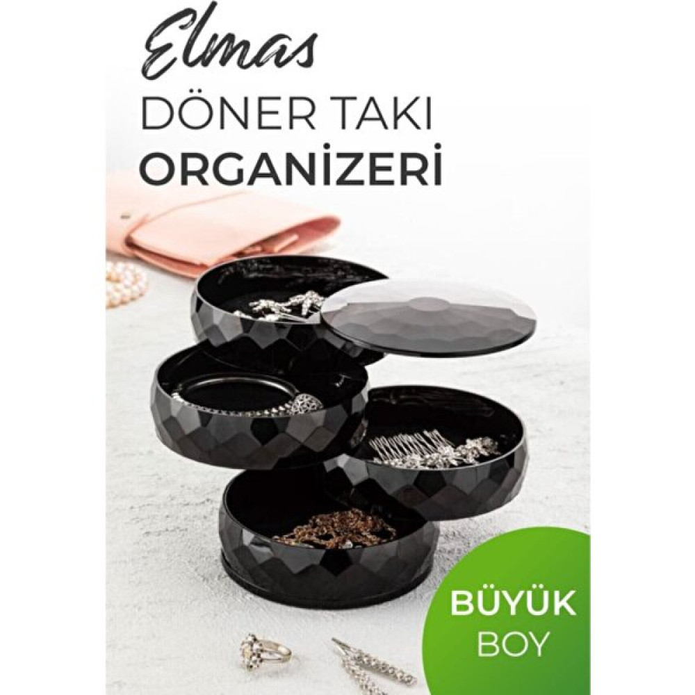 Calke Elmas 4 Katlı Döner Takı Organizeri Büyük Boy Takı Saklama Kutusu Siyah - Tek Ebat Eşya Saklama Kutusu Fiyatı