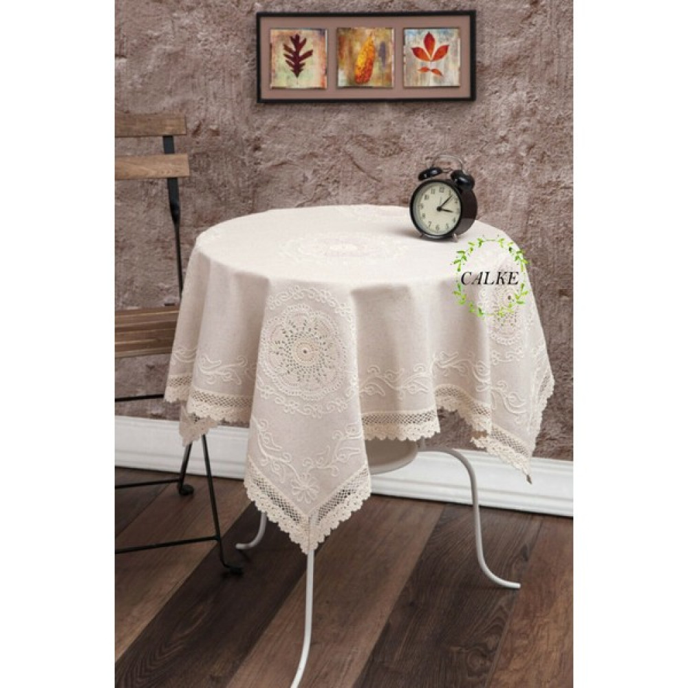 Calke Masa Örtüsü Fiskos Örtüsü Dantel ve Renkli Nakış Işlemeli Otantik Buldan Işi Keten - 90 x 90 cm - Krem Masa Örtüsü Fiyatı