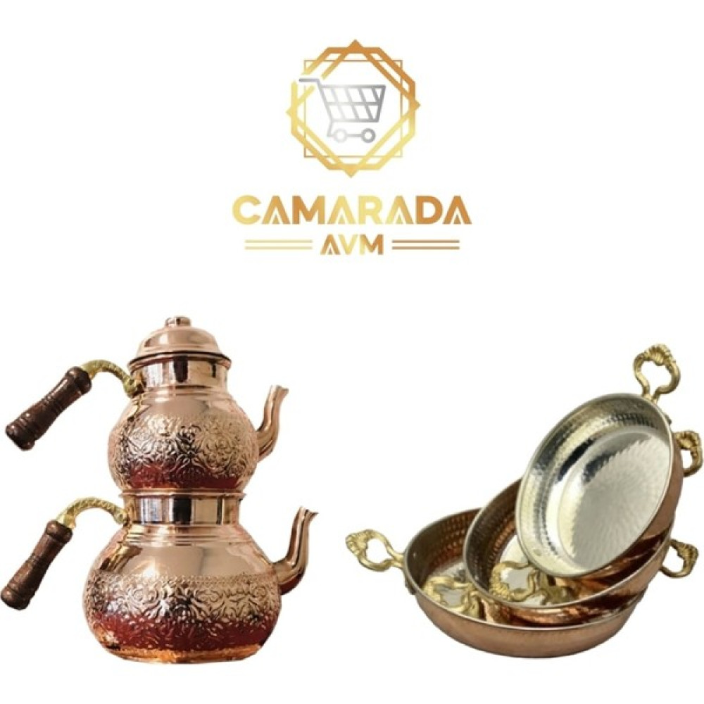 Camar Ada Avm Bakır Aile Boyu Çaydanlık Takımı (21 Bardak) 3 Boy Bakır Tava Seti , 15-17-19 cm Çay / Çaydanlık Setleri Fiyatı
