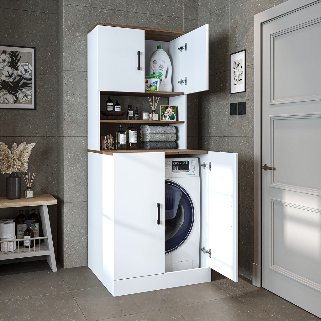 Çamaşır-Kurutma Makinesi Dolabı Kapaklı Banyo Dolabı - Atlantik Çam - Beyaz Banyo Dolabı / Mobilyası Fiyatı
