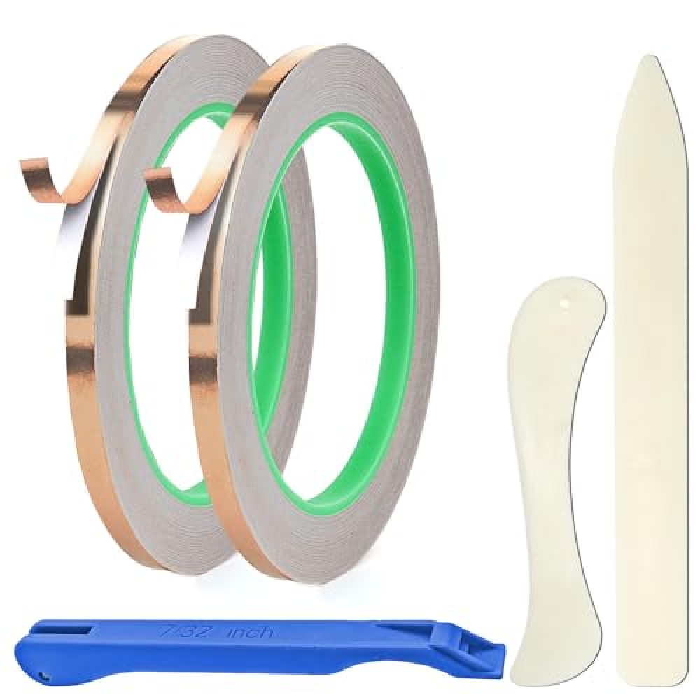 CAMATET 7/32 Inch Copper Foil for Stained Glass, Copper Reactive Foil with Double-Sided Conductive - Deco, EMI Shielding, Soldering, Paper Circuits - 32.8 Yards (2 Rolls) with Foiling Tool