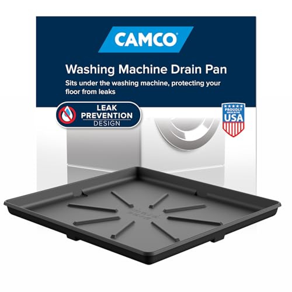 Camco 20750, Washing Machine Drain Pan | Features a Durable Plastic Construction, 1-inch/1.5-inch PVC Drain Fitting, and Measures 30-inches (L) x 32-inches (W) x 2 ½-inches (H) (OD)