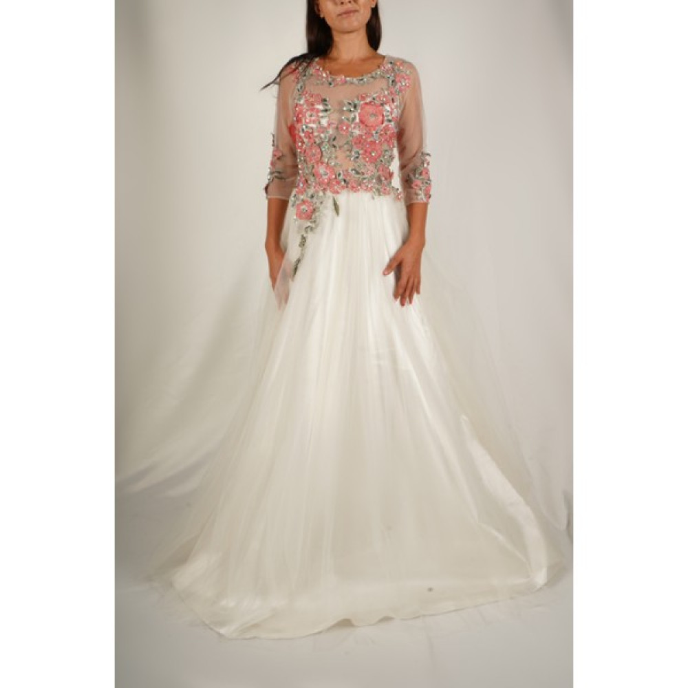 Can Çapar Couture, Çiçek Dantelli Transparan Üst, Tül Detaylı Saten Uzun Etekli Abiye Elbise Elbise Fiyatı