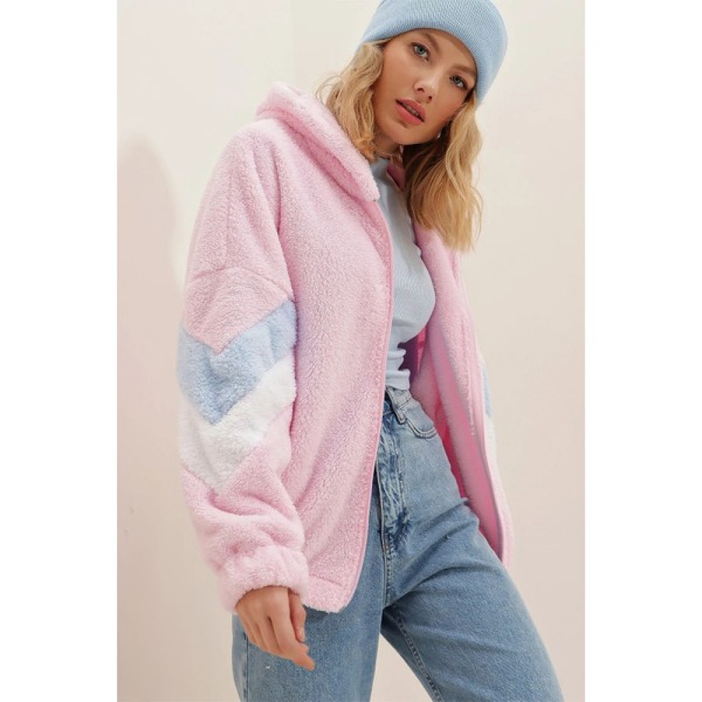 Can Çapar Kadın Kapüşonlu Fermuarlı Kolları Renk Bloklu Oversize Peluş Sweatshirt Bayan Sweatshirt Fiyatı