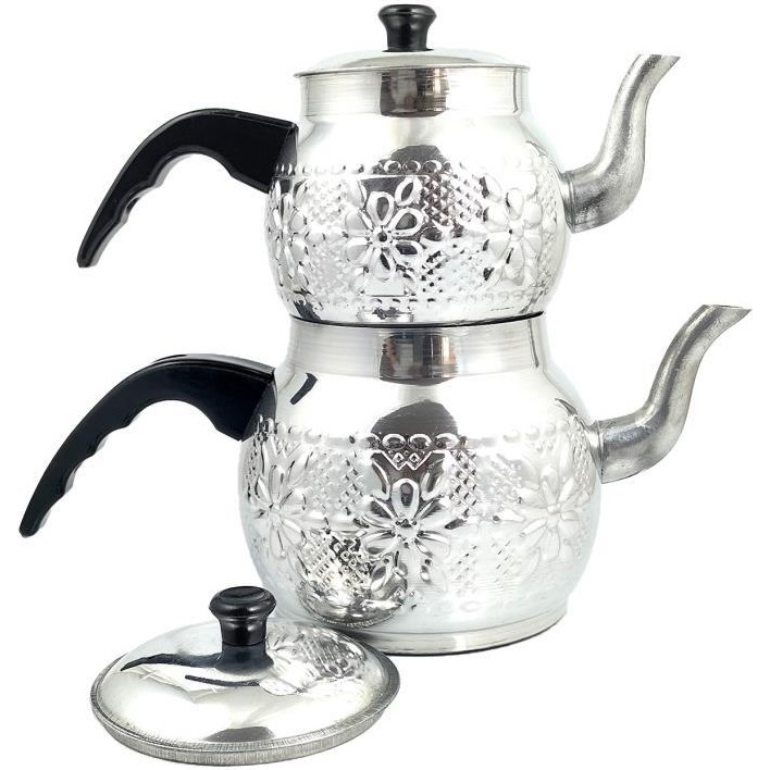 Çanak Sepeti Alüminyum Desenli Küre Çaydanlık Siyah Kulp Büyük Boy Çay / Çaydanlık Setleri Fiyatı