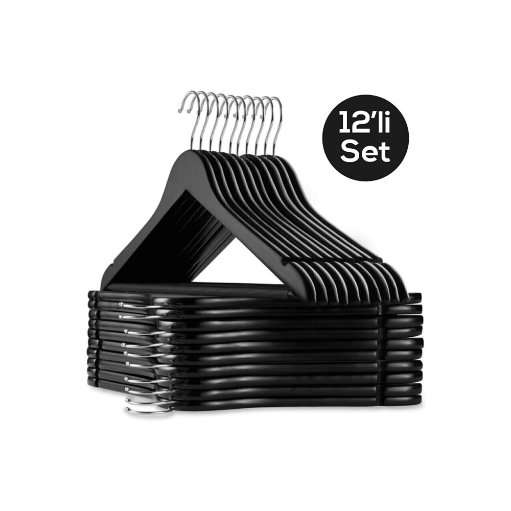 Canbay Store 12 Adet Ahşap Görünümlü Plastik A Kalite 12adet Siyah Elbise Askı Pantolon Gömlek Askı Ev & Dekorasyon Aksesuarları Fiyatı