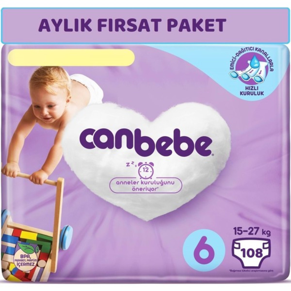 Canbebe Bebek Bezi Beden:6 (15-27kg) Extra Large 108 Adet Aylık Fırsat Pk - 6 Bebek Bezi Fiyatı