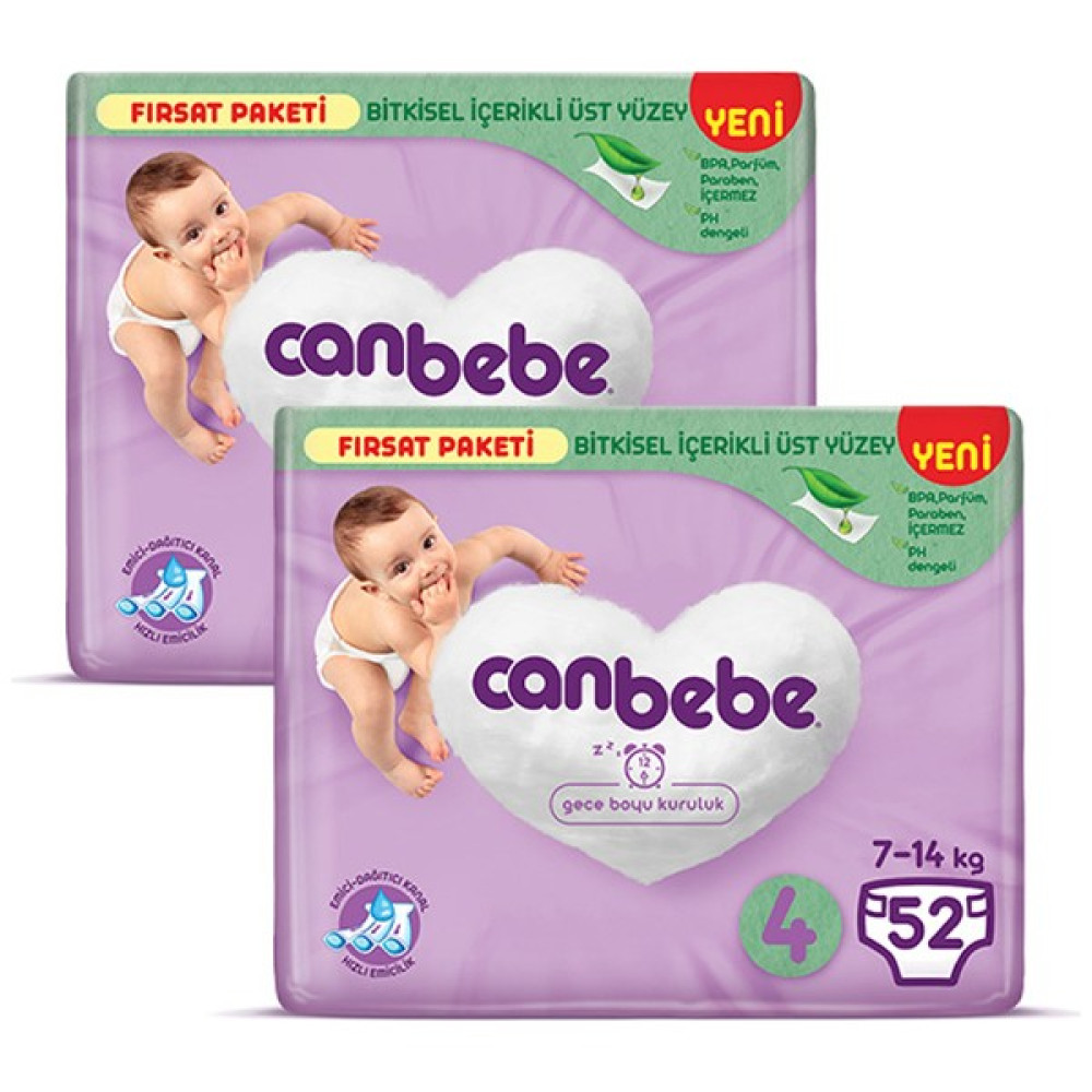 Canbebe Bebek Bezi Fırsat Paketi 4 Beden Maxi (7-14 Kg) 52 Li x 2 Adet Bebek Bezi Fiyatı