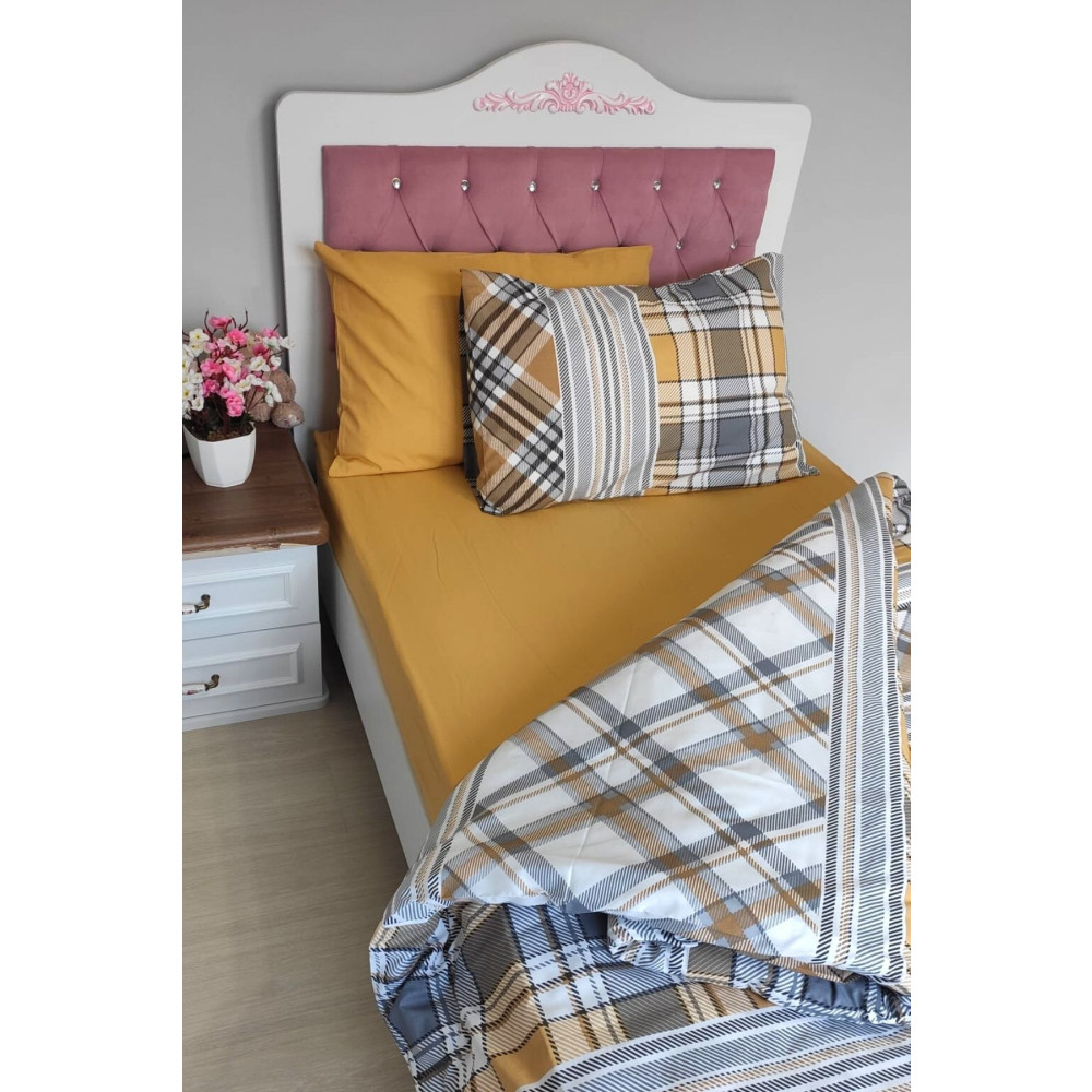 CANDAN ÇEYİZ Hardal Kareli 4 Parça Lastikli Çarşaflı Tek Kişilik (100X200 CM) Nevresim Takımı Nevresim Takımı Fiyatı