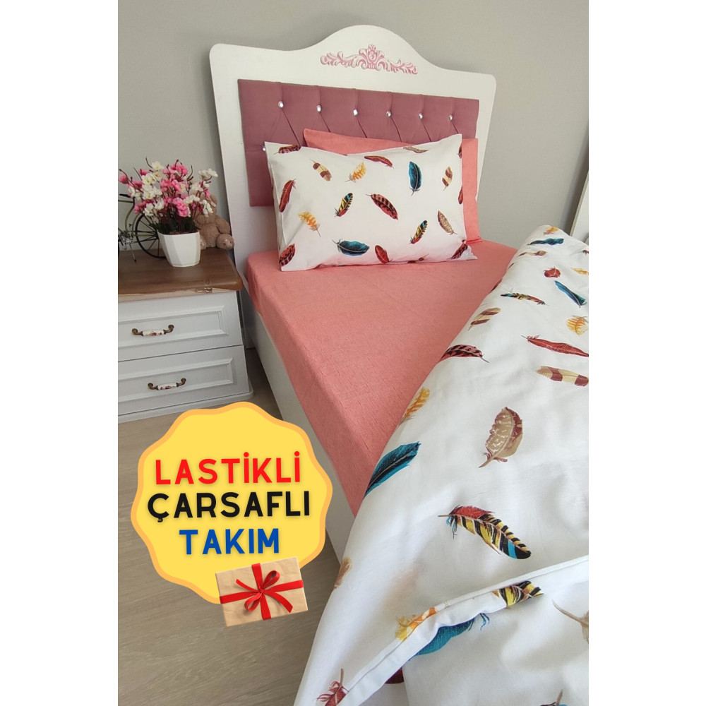 CANDAN ÇEYİZ Kuş Tüyü Desenli 4 Parça Lastikli Çarşaflı Tek Kişilik (100X200 CM) Nevresim Takımı Nevresim Takımı Fiyatı