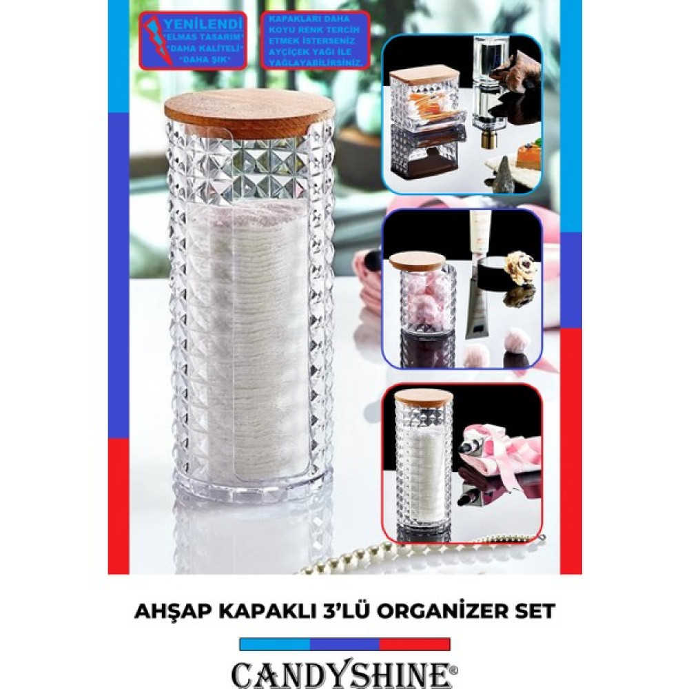 Candy Shine Ahşap Kapak 3'lü Organizer Set Modern Pamukluk Banyo Düzenleyici Şık 3'lü Pamukluk Set Eşya Saklama / Düzenleme Fiyatı
