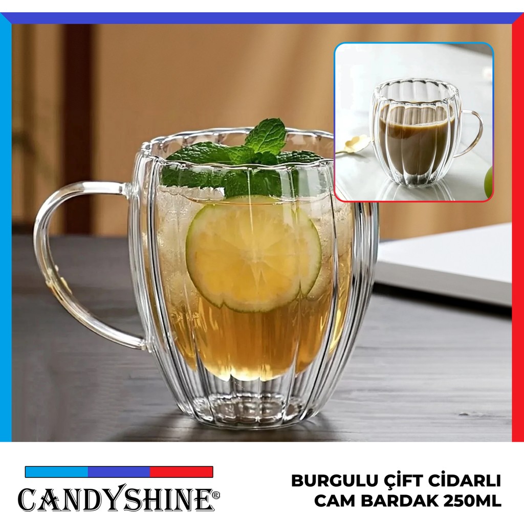 CandyShine Burgulu Çift Cidarlı Kulplu Cam Bardak 250ML - Şeffaf - 250 ml Fincan / Bardak / Kahve Takımı Fiyatı