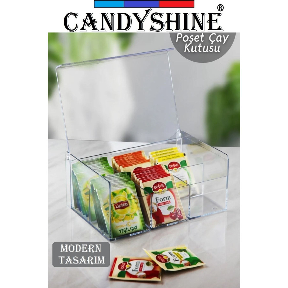 CandyShine Lüx Kapaklı 6 Bölmeli Dikdörtgen Mika Poşet Çay Standı Takı Mücevher Düzenleyici Eşya Saklama Kutusu Fiyatı