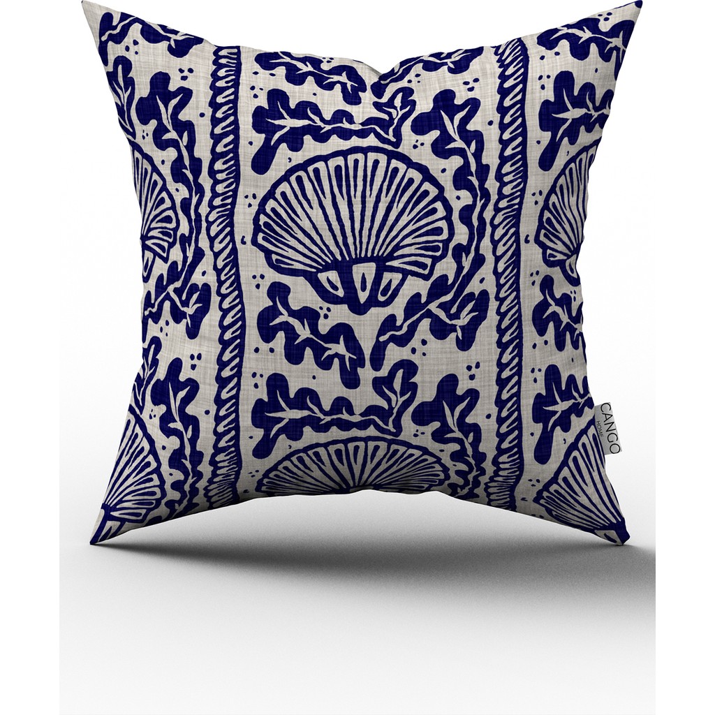 Cango Home Lacivert Bej Marin Temalı Deniz Kabuğu Desenli Dijital Baskılı Kırlent Kılıfı CGH632 - 43 x 43 cm - Renkli Kırlent / Mobilya Yastığı Fiyatı