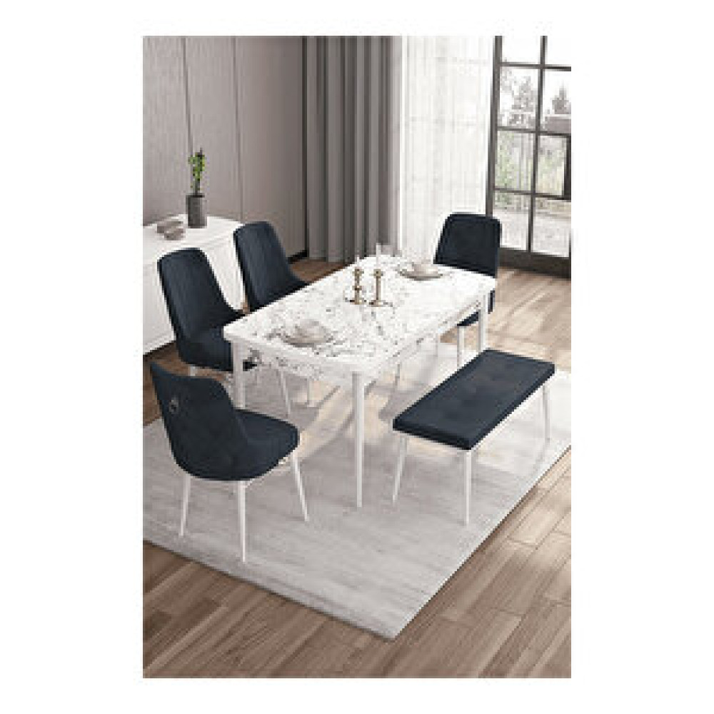 Canisa Are Serisi, 80x132 Mdf Açılabilir Beyaz Mermer Desen Masa Takımı, 4 Sandalye Gümüş Halkalı Ve 1 Bench Antrasit Masa - Sandalye Seti / Takımı Fiyatı