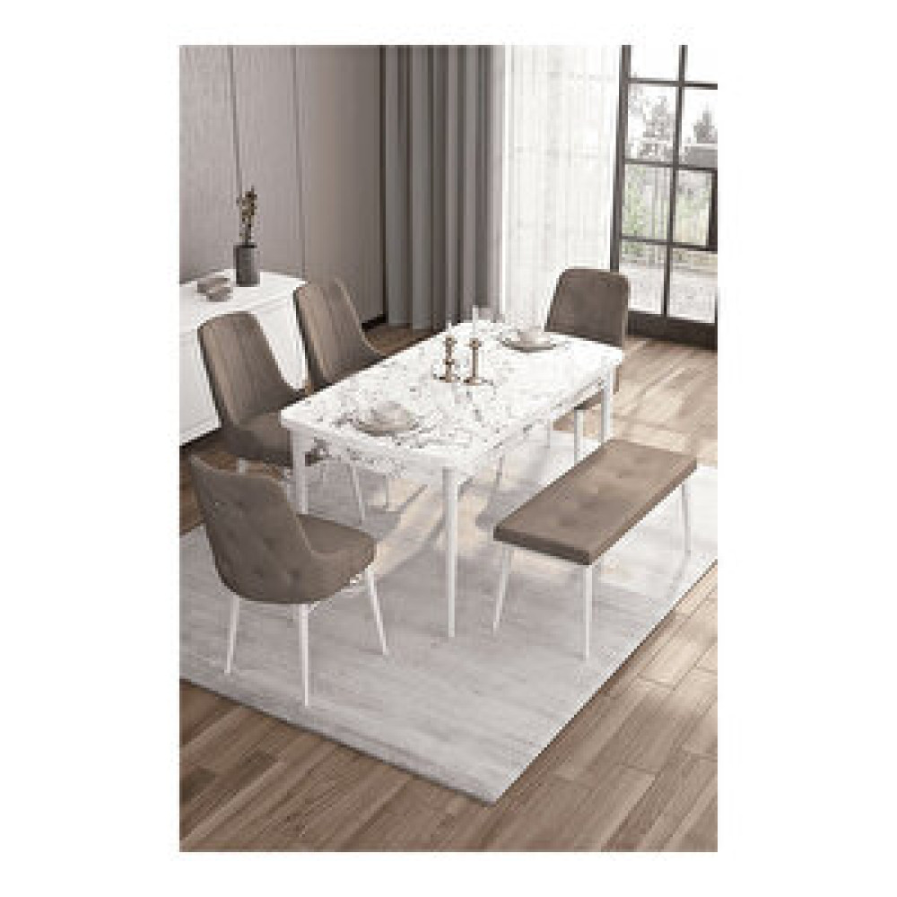 Canisa Are Serisi, 80x132 Mdf Açılabilir Beyaz Mermer Desen Masa Takımı, 4 Sandalye Gümüş Halkalı Ve 1 Bench Cappucino Masa - Sandalye Seti / Takımı Fiyatı