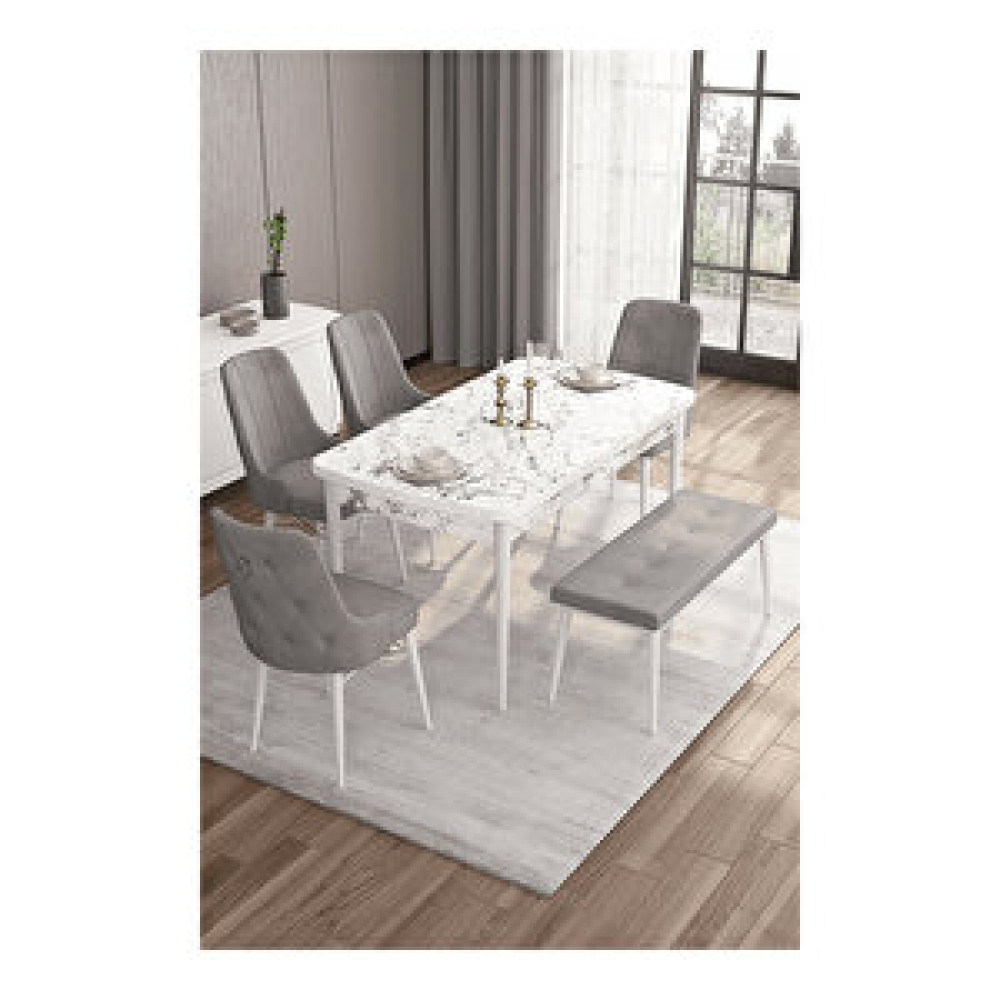Canisa Are Serisi, 80x132 Mdf Açılabilir Beyaz Mermer Desen Masa Takımı, 4 Sandalye Gümüş Halkalı Ve 1 Bench Gri Masa - Sandalye Seti / Takımı Fiyatı