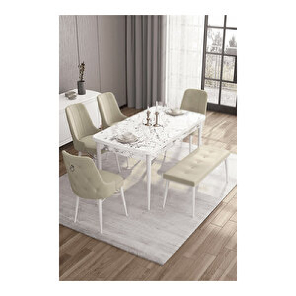 Canisa Are Serisi, 80x132 Mdf Açılabilir Beyaz Mermer Desen Masa Takımı, 4 Sandalye Gümüş Halkalı Ve 1 Bench Krem Masa - Sandalye Seti / Takımı Fiyatı