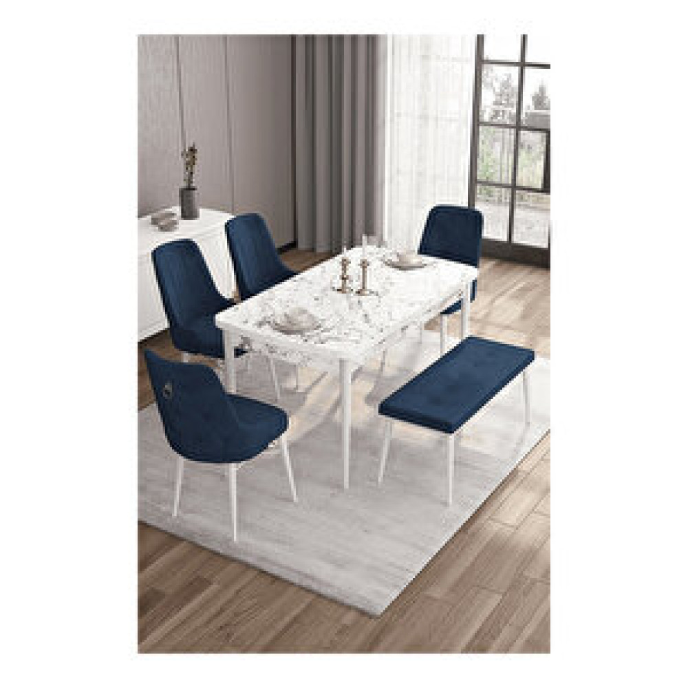 Canisa Are Serisi, 80x132 Mdf Açılabilir Beyaz Mermer Desen Masa Takımı, 4 Sandalye Gümüş Halkalı Ve 1 Bench Lacivert Masa - Sandalye Seti / Takımı Fiyatı