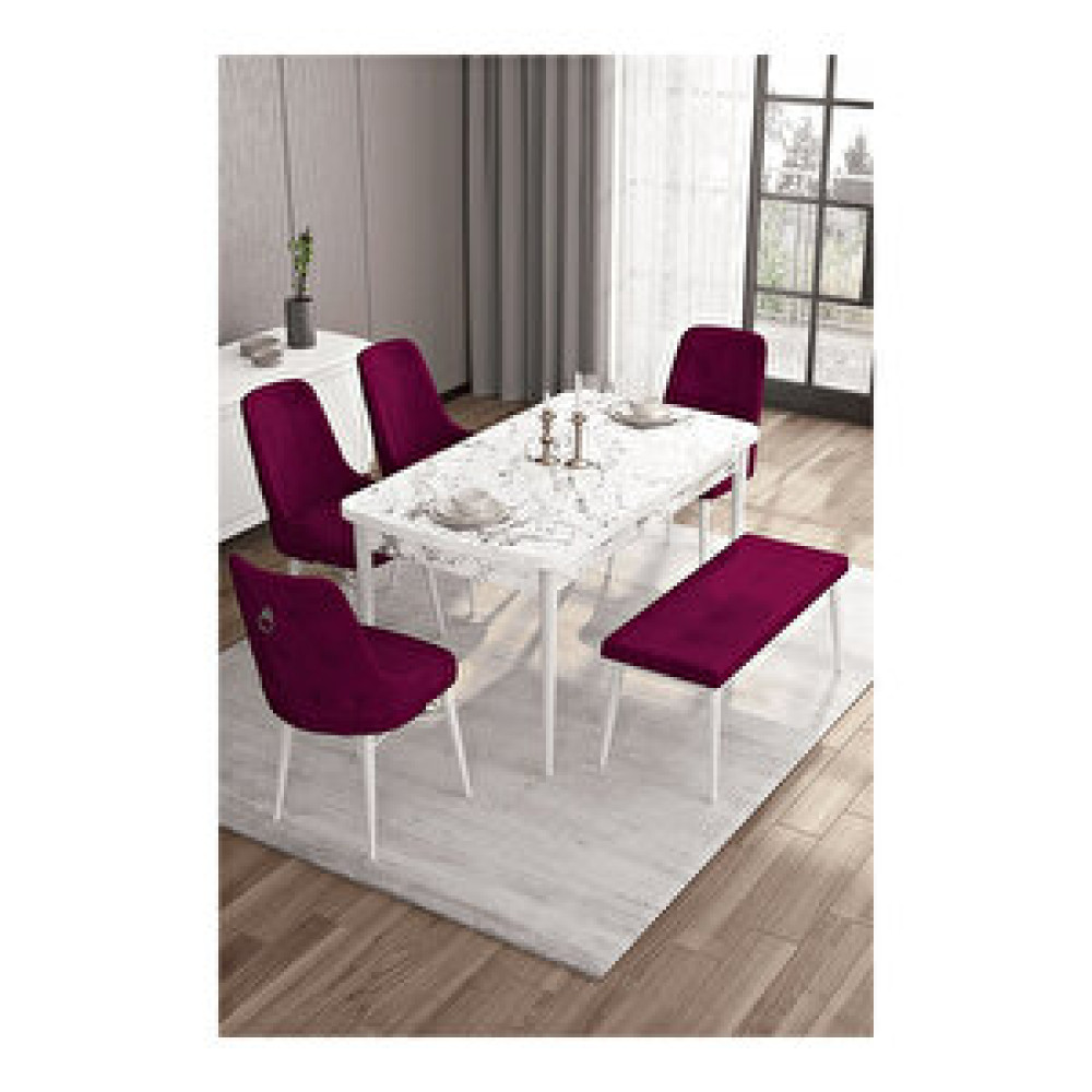 Canisa Are Serisi, 80x132 Mdf Açılabilir Beyaz Mermer Desen Masa Takımı, 4 Sandalye Gümüş Halkalı Ve 1 Bench Mürdüm Masa - Sandalye Seti / Takımı Fiyatı