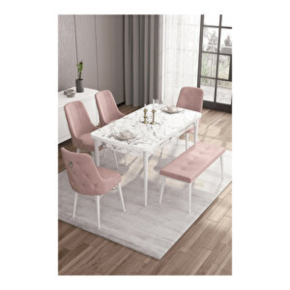 Canisa Are Serisi, 80x132 Mdf Açılabilir Beyaz Mermer Desen Masa Takımı, 4 Sandalye Gümüş Halkalı Ve 1 Bench Pembe Masa - Sandalye Seti / Takımı Fiyatı