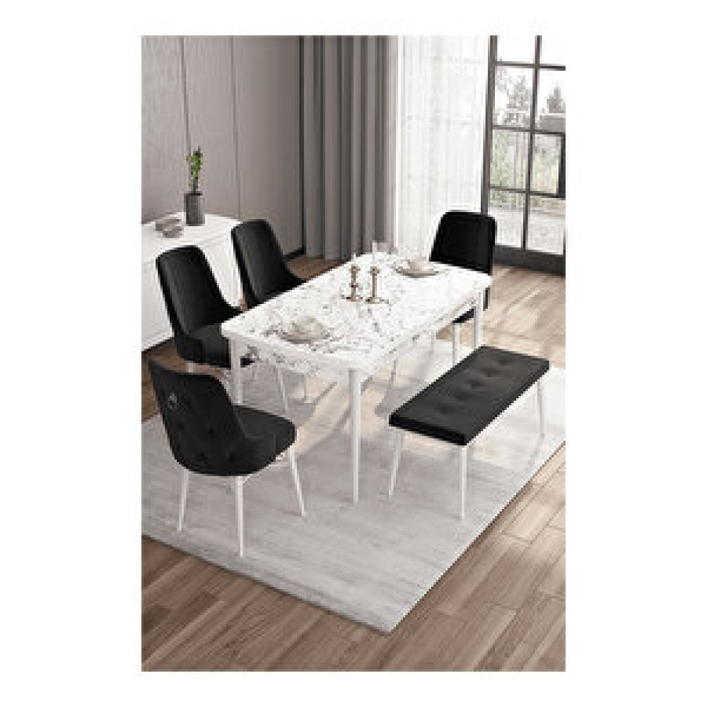 Canisa Are Serisi, 80x132 Mdf Açılabilir Beyaz Mermer Desen Masa Takımı, 4 Sandalye Gümüş Halkalı Ve 1 Bench Siyah Masa - Sandalye Seti / Takımı Fiyatı