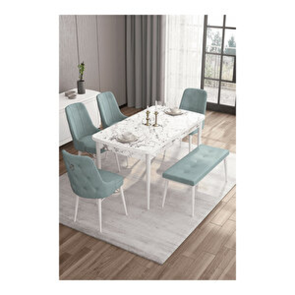Canisa Are Serisi, 80x132 Mdf Açılabilir Beyaz Mermer Desen Masa Takımı, 4 Sandalye Gümüş Halkalı Ve 1 Bench Su Yeşili Masa - Sandalye Seti / Takımı Fiyatı