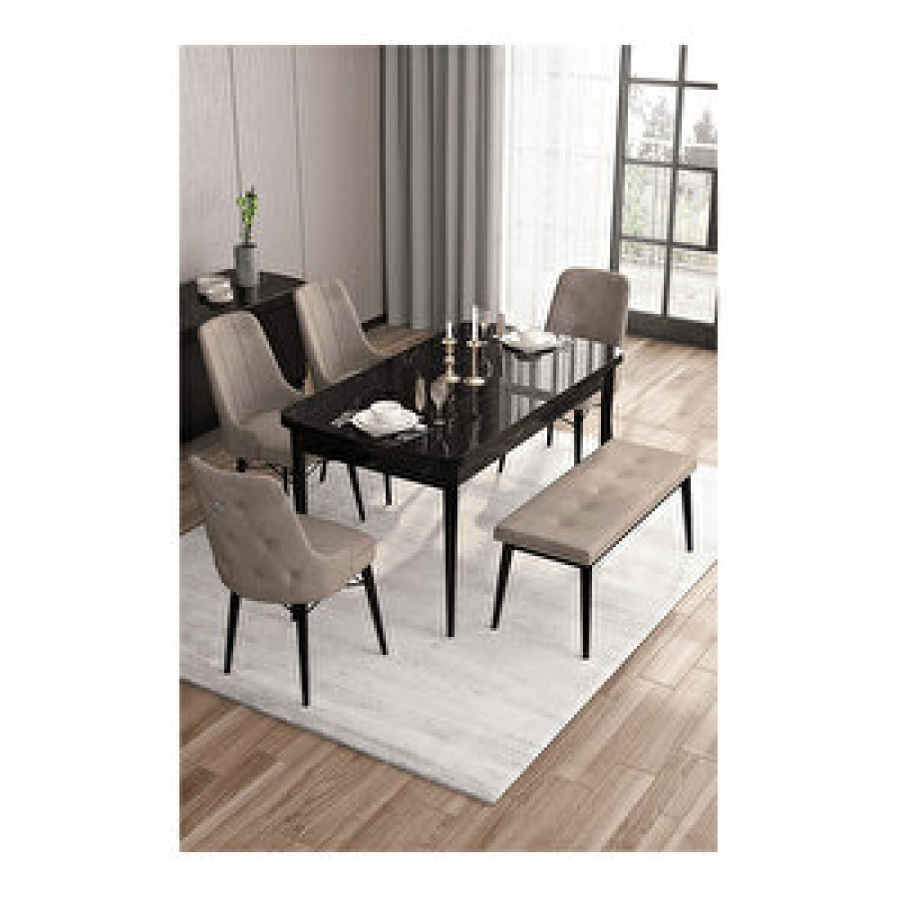 Canisa Are Serisi, 80x132 Mdf Açılabilir Siyah Mermer Desen Masa Takımı, 4 Sandalye Gümüş Halkalı Ve 1 Bench Cappucino Masa - Sandalye Seti / Takımı Fiyatı