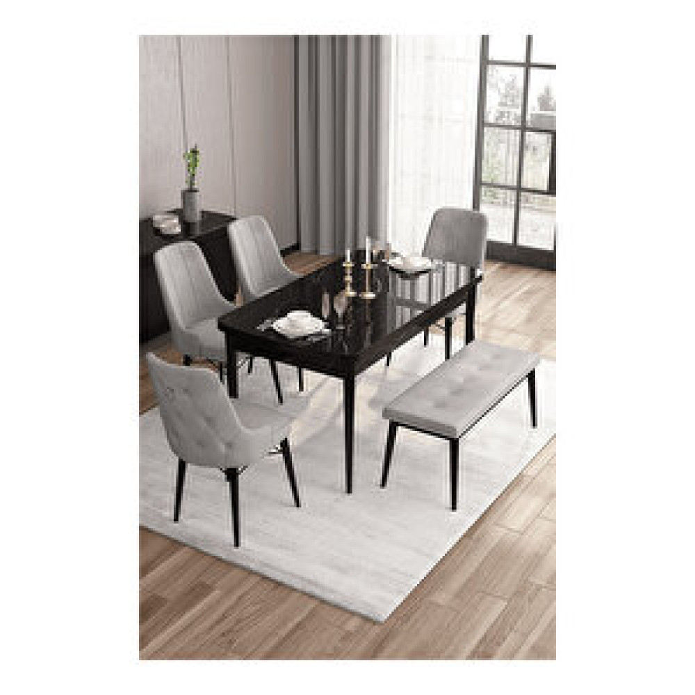 Canisa Are Serisi, 80x132 Mdf Açılabilir Siyah Mermer Desen Masa Takımı, 4 Sandalye Gümüş Halkalı Ve 1 Bench Gri Masa - Sandalye Seti / Takımı Fiyatı