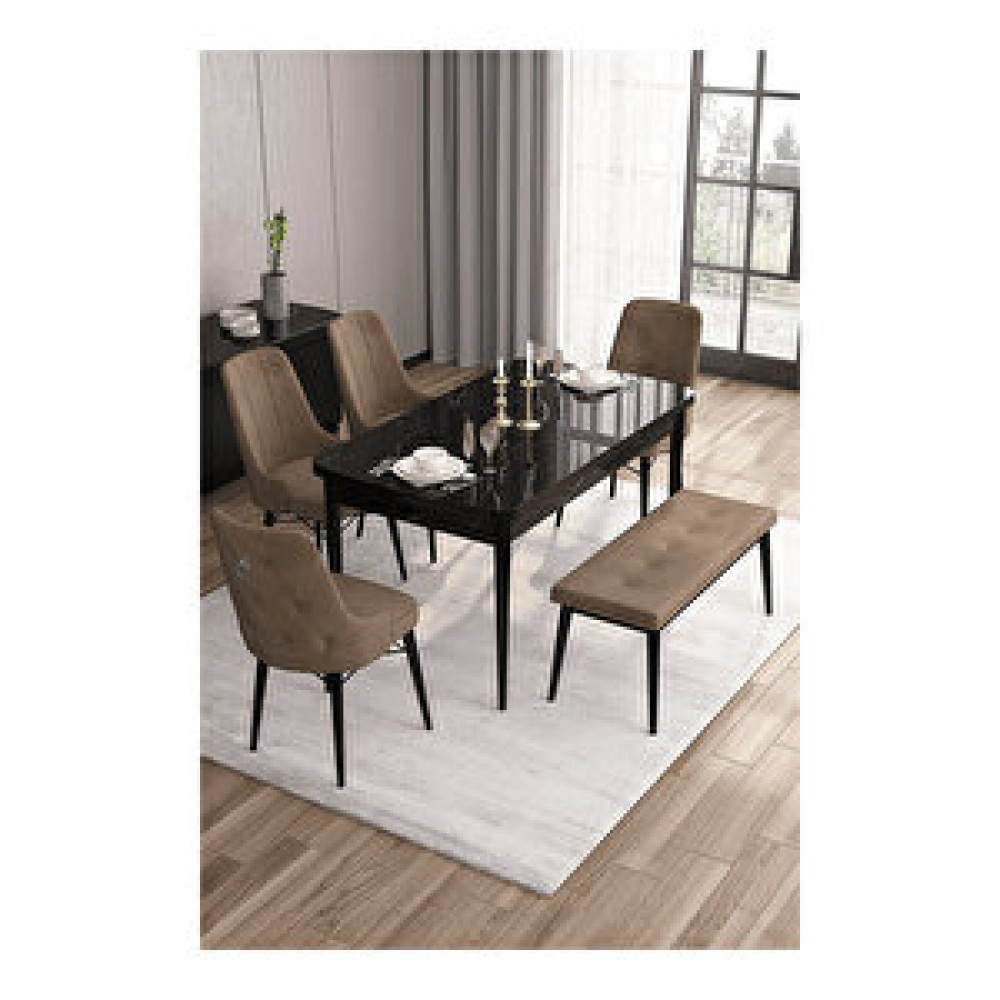 Canisa Are Serisi, 80x132 Mdf Açılabilir Siyah Mermer Desen Masa Takımı, 4 Sandalye Gümüş Halkalı Ve 1 Bench Kahverengi Masa - Sandalye Seti / Takımı Fiyatı