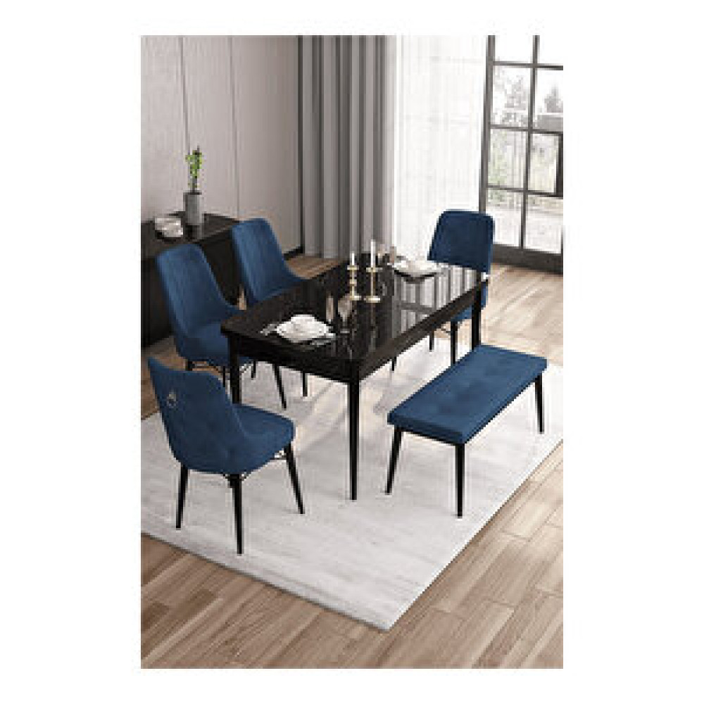Canisa Are Serisi, 80x132 Mdf Açılabilir Siyah Mermer Desen Masa Takımı, 4 Sandalye Gümüş Halkalı Ve 1 Bench Lacivert Masa - Sandalye Seti / Takımı Fiyatı